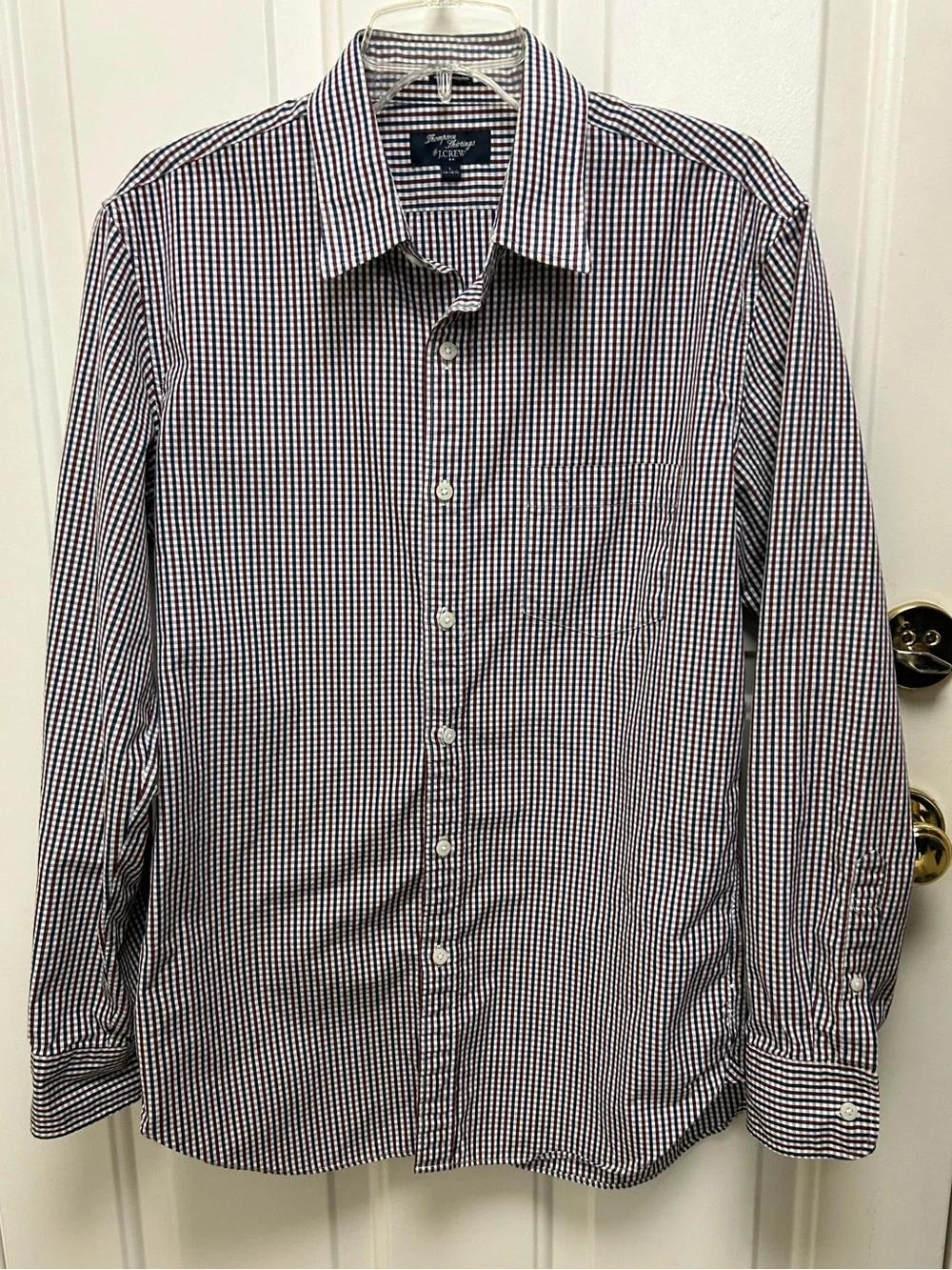 J. Crew Men's Burgundy and White Gingham Button-Down Shirt